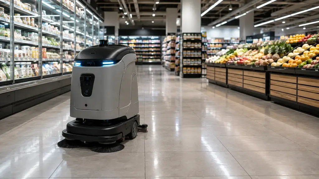 Autonomer Reinigungsroboter reinigt den Gang eines Supermarkts