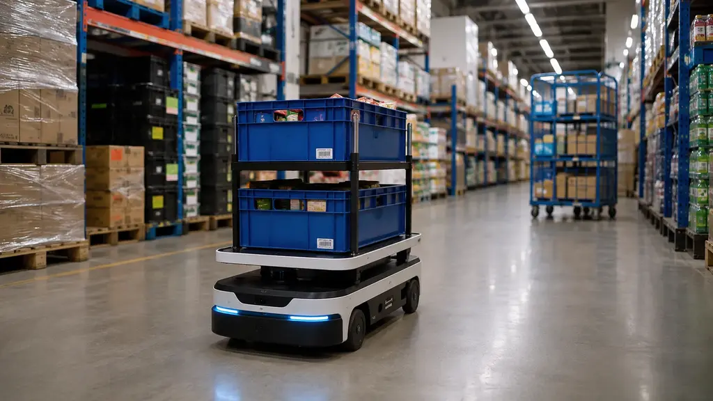 Autonomer Transportroboter fährt durch einen Lagergang im Einzelhandel