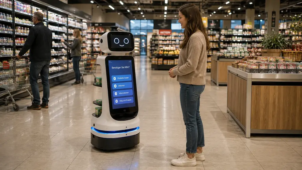Serviceroboter begrüßt Kunden in einem Supermarkt