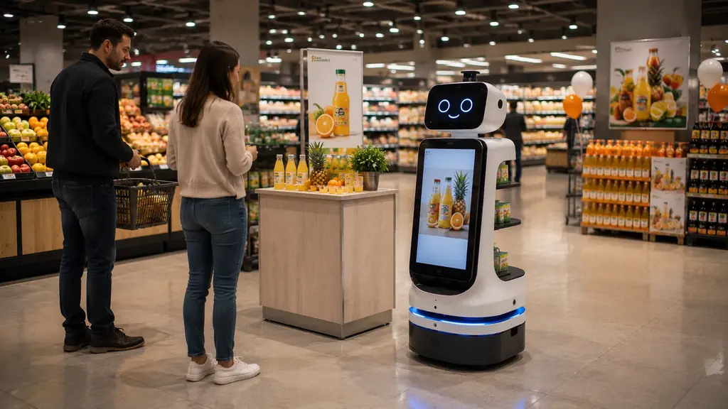 Promotion-Roboter bei einer Orangensaftverkostung im Supermarkt